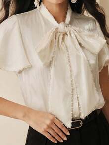 Anewsta Essential Women's Elegant French Modern Versatile Off-White Tie-Up Ruffle Beaded Decor Blouse Teachers' Day Wedding Office Tea Party Summer - Apricot - View 7