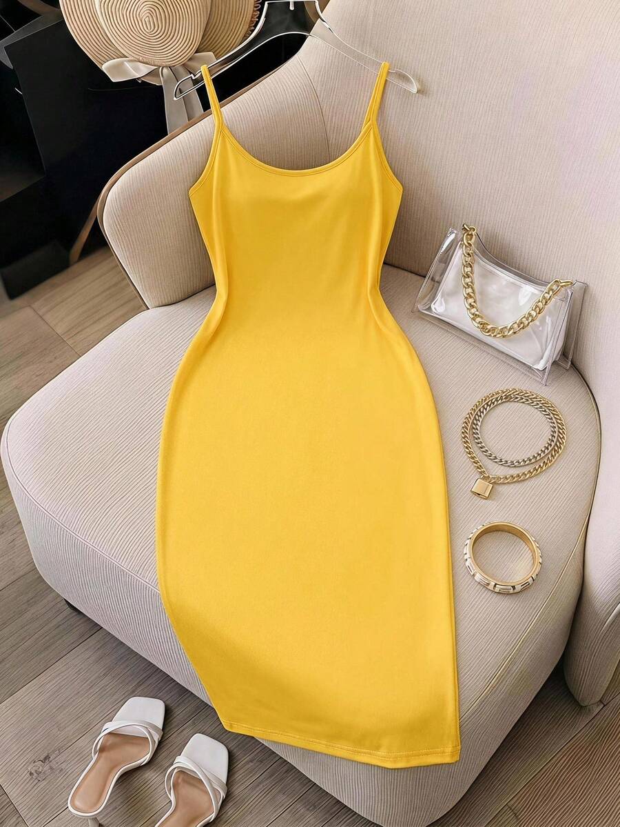 Slaydiva Casual Plus Size Women's Solid Color Fitted Spaghetti Strap Dress - Yellow - View 1