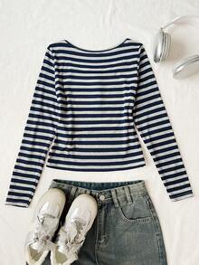 SHEIN Tween Girls Tween Girl Simple Striped Long Sleeve Y2K Retro Casual Lace Trim T-Shirt - Multicolor - View 5