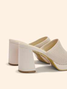 CUCCOO BASICS Women's Beige Knit Peep Toe Sexy Mule Sandals With Thick Platform And Chunky High Heel For Commuting - Beige - View 4