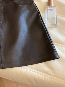 GlowEve Women's Solid Color PU Leather Fashion Versatile Daily Casual Skirt - Coffee Brown - View 3