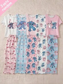 【隨機發送1套】青少年女孩睡衣 新款熱銷 兔子愛心蝴蝶結組合印花 配色拼接對比滾邊 針織短袖 - 杏色 - 查看 3