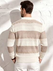 Manfinity Dauomo White Hollow Knit Long Sleeve Polo, Minimal 90s Korean Casual, Spring Autumn, Daily Dinner Formal Date Street Outfit, Men Lapel V Neck Knit Top - Multicolor - View 4