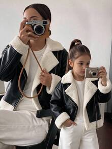 Emery Rose Kids Emery Rose Kids 女童拼色時尚拉鍊翻領PU材質秋冬夾克外套 - 黑色 - 查看 2