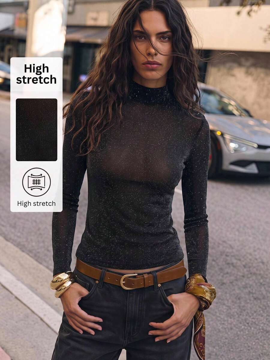 Maija Casual Business Sexy Basic Festival Mesh Top Summer Fall Modern Urban Minimalist Basic Commute Layering Long Sleeve Outwear - Black - View 1