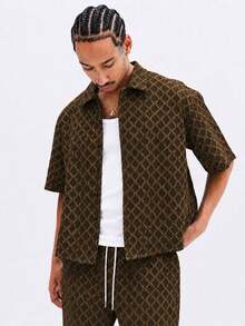 SUMWON Mens Short Sleeve Button-Up Shirt Co-Ord With Diamond Monogram Jacquard Pattern Summer Casual Matching Set - Coffee Brown - View 4