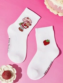 Strawberry Shortcake X SHEIN 2-Pack Cotton Soft, Breathable And Moisture-Absorbing Children's Medium Tube Socks, Cute Cartoon Pattern, Reinforced Toes And Heel, Durable, Unisex, S - White - View 3