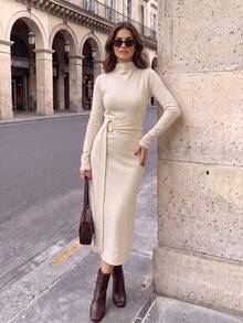 SHEIN Autumn New Slimming Metal Decor Asymmetrical Shoulder Cinched Waist Knit Long Sleeve Sweater Dress - Apricot - View 5