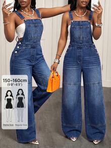 Jeanoix Petite Overall Denim Kasual Kancing Wanita Gaya Streetwear Sehari-hari untuk Acara Malam Hari, Liburan, Warna Biru Musim Panas - Dark Wash - View 1