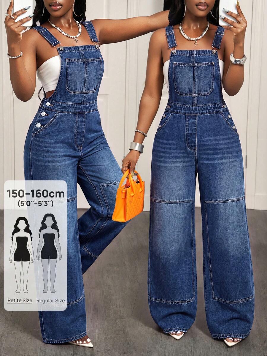 Jeanoix Petite Overall Denim Kasual Kancing Wanita Gaya Streetwear Sehari-hari untuk Acara Malam Hari, Liburan, Warna Biru Musim Panas - Dark Wash - View 1