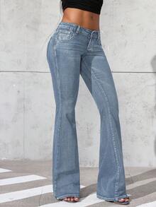 Jeanoix Star Embroidery Rhinestone Low Waist Elastic Fitted Washed Denim Flare Jeans - Medium Wash - View 4
