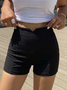 FRIFUL Women's Solid Color Fitted Shorts With Bow Decor, Suitable For Daily Wear School - Black - View 5