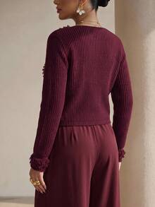 Xyvia Women's Solid Color Frill Trim Casual Versatile Daily Wear Cardigan - Burgundy - View 2