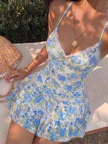 Sunnyshic Summer Vacation Mesh Printed Spaghetti Strap Dress, Sweet Girl Lace Patchwork, Suitable For Dating, Casual, Vacation And Various Occasions - Blue and White - View 1