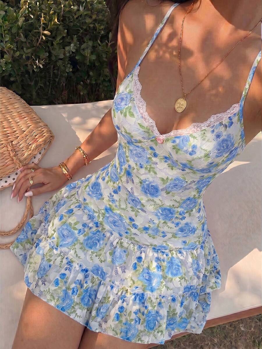 Sunnyshic Summer Vacation Mesh Printed Spaghetti Strap Dress, Sweet Girl Lace Patchwork, Suitable For Dating, Casual, Vacation And Various Occasions - Blue and White - View 1