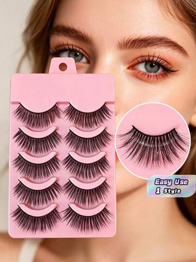 5 Pairs Natural Fluffy Wispy False Eyelashes, Multi-Layer Full Volume Strip Lashes, Soft Black Band Reusable Eye Lashes, Daily Wedding Party Makeup Lashes For Beginners