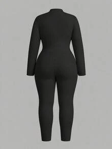 Muchica Jumpsuit Kasual Wanita Ukuran Besar Warna Polos Lengan Panjang dengan Resleting Depan untuk Musim Gugur - Hitam - View 2