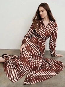 Aveloria Modichic Fall Brown Polka Dot And Color Block Gradient Collared Button-Front Cinched Waist Long Sleeve Dress For Women Elegant Vintage Brunch - Multicolor - View 2