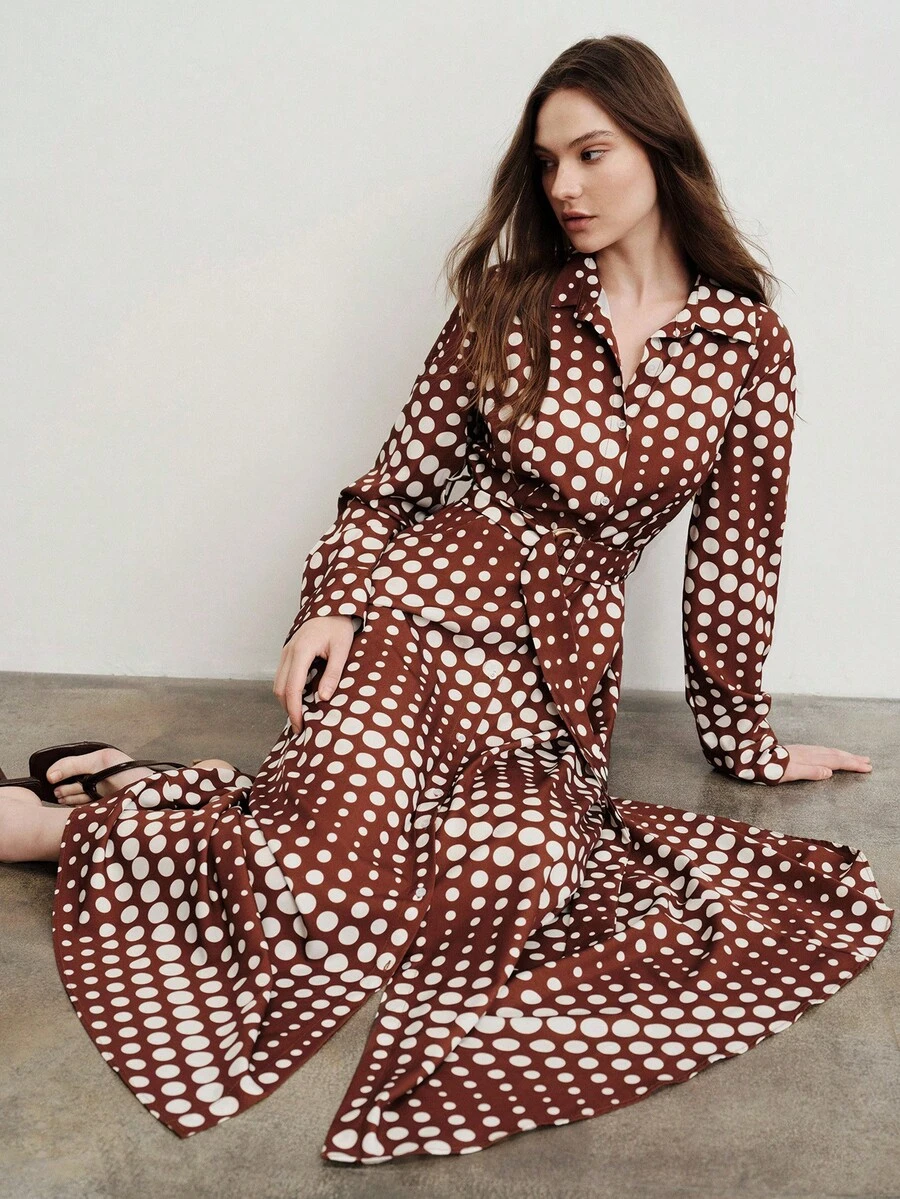 Aveloria Modichic Fall Brown Polka Dot And Color Block Gradient Collared Button-Front Cinched Waist Long Sleeve Dress For Women Elegant Vintage Brunch