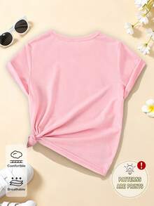 Elladie kids 春夏女生休闲时尚创意个性清新可爱简约蓝色牛仔碎花印花休闲度假风基础款粉色短款T恤，舒适日常穿着，适合春、夏、秋季穿着。 - 粉色 - 查看 2