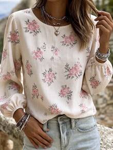 Balvessa Top col rond pour femmes en automne, blouse ample tissée à manches bouffantes vintage avec motif floral discret, chemise bohème à manches lanternes rose à motif floral discret, convient pour les trajets quotidiens et les vacances - Nude - Voir 3
