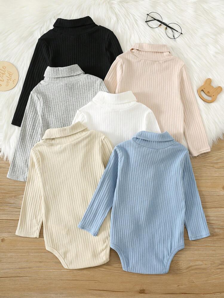 SHEIN Unisex Newborn Baby Boy/Girl 6pcs 100%Cotton Autumn/Winter High Elasticity Easy On/Off High Neck Long Sleeve Bodysuit Multi-Piece Set, Baby Winter Bodysuit, Christmas - Multicolor - View 2