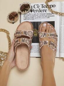 VACAZURE Women's Boho Beaded Double Buckle Open Toe Cork Footbed Multi Tan Slide Sandals-Colorful Vintage Style Summer Shoes Spring Shoes Spring Break Easter Vacation Shoes Casual Shoes Beach Shoes Mother's Day Present For Christmas Valentine's Day Summer Shoes - Brown - View 3