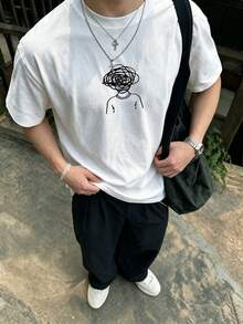 Resyla Men 夏季休閒男士寬鬆短袖T恤，抽象圖案設計，百搭極簡風格，適合通勤、外出與戶外活動 - 白色 - 查看 4