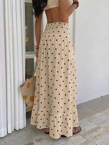 Sunnyshic Women's Spring/Summer Polka Dot Ruffle Hem Slimming Beach Casual Vacation Style Skirt - Apricot - View 3