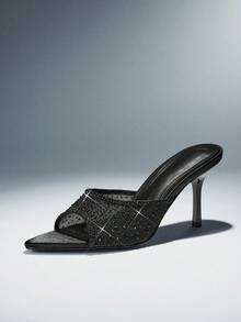 SHUZIA Women Elegant Pointy Toe Rhinestone Decor Mesh Slip-On Heel Sandals - Black - View 7