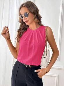 SHEIN Clasi 女款純色百褶設計圓領無袖優雅上衣 - 玫紅色 - 查看 6