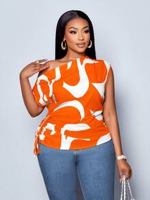 SOLERSUN Blusa asimétrica con hombro descubierto, cordón y fruncido lateral de talla grande con estampado geométrico para mujer, Estampado aleatorio, Top con un solo hombro - Naranja - Ver 6