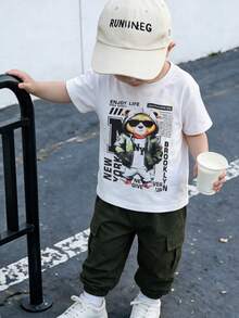 男童春夏两件套服装 - 印花黑色短袖T恤搭配工装裤，休闲百搭 - 綠色 - 查看 3