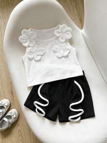 SHEIN Playful Pals Baby Girls' Cute Design Set, Spring/Summer Sleeveless Top With 3D Floral Decor + Contrast Ruffle Hem Shorts, 2pcs Set For Casual, Party, Gathering - White - View 4