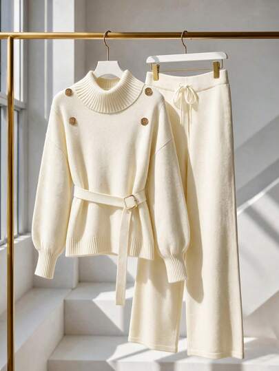 SHEIN Conjunto versátil de 2 piezas de moda, suéter de punto con cuello grande, botones metálicos decorativos, mangas farol y cinturón, pantalones casuales de pierna ancha con cordón del mismo color, estilo suave y acogedor en blanco crema, atuendo de otoño/invierno