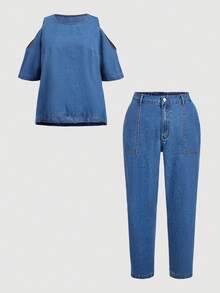 Breezaya Plus Size Women's Round Neck Top And Long Pants Casual Daily Denim Two Pieces Set - Blue - View 5