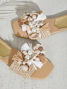 SHUZIA Sandal Wanita Ujung Persegi dengan Dekorasi Kerang Laut yang Glamor, Sepatu Liburan Musim Semi, Liburan Paskah, Natal, Hari Valentine, Sepatu Musim Panas - Krem - View 7