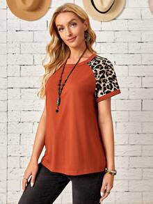 Faunlyn Women's Round Neck Casual Leopard Print Raglan Short Sleeve T-Shirt - Burnt Orange - View 6