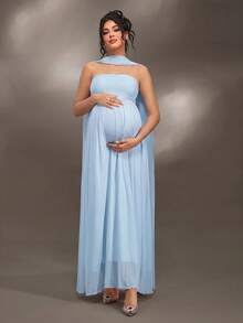 Cheriluna Maternity 聖誕派對拍照禮服 優雅性感 Baby Shower 孕婦裝 壓褶設計 純色露肩無袖套裝 淺藍色 秋季 - 淺藍色 - 查看 3
