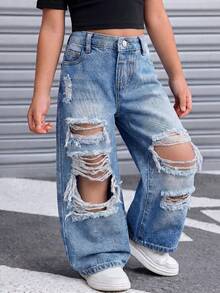 SHEIN 少女休閒水洗磨損牛仔長褲 - 中等水洗藍 - 查看 6