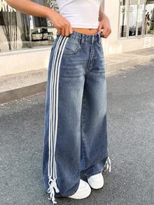 SHEIN Teen Girl Y2K Fashionable Stripe Bowknot Baggy Loose Fit Vintage Casual Denim Straight Leg Jeans With Slanted Pockets, Spring Summer Break Fall Winter - Medium Wash - View 3