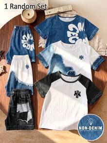 1 Random Set Fashion Letter Print Casual Crew Neck Short Sleeve T-Shirt With Shorts, Simple, Versatile, Suitable For Daily Wear Back-To-School - Multicolor - View 6