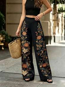 Balvessa Women's Floral Print Casual Vacation Long Pants - Black - View 3