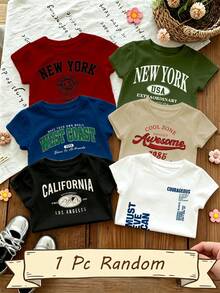 1 Random Set 6pcs English Letter Digital Print Short Sleeve Tops, Boys Toddler Crew Neck Short Sleeve Tops 6pcs, Fashion Casual, Suitable - Multicolor - View 2