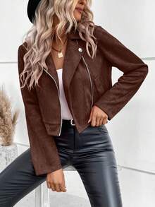 SHEIN Women's Solid Color Long Sleeve Zip-Up Casual Motorcycle Jacket - Mocha Brown - View 6