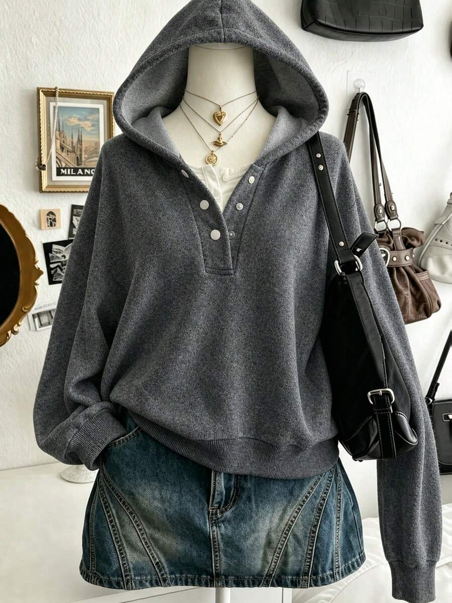 Lalippa Women's Solid Color Hooded Casual Daily Long Sleeve Sweatshirt - Dark Grey - View 1