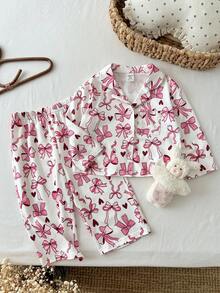 SHEIN 女嬰可愛粉色甜美蝴蝶結圖案開襟衫與長褲2件套居家服，秋冬款 - 彩色 - 查看 4