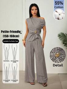 SHEIN PETITE 女款棕色格紋露肩兩件式套裝，附金屬裝飾，適合辦公穿著 - 棕色 - 查看 1