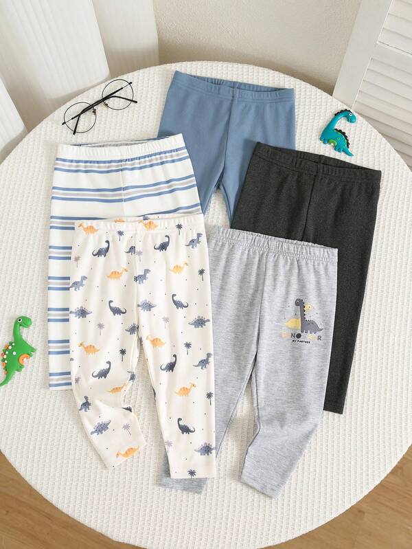 SHEIN 5 piezas/Set Pantalones largos de punto suaves con estampado de dinosaurio de dibujos animados para bebé niño otoño/invierno, leggings versátiles y cómodos, pantalones multi-paquete que combinan con todo, lindos pantalones largos para bebé
