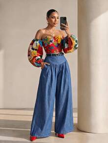 Structelle Bohemian Boho African Print Open Shoulder Petal Sleeve Crop Top Women's Red And Yellow Beach Vacation Holiday Vacation Summer Blouse - Multicolor - View 7